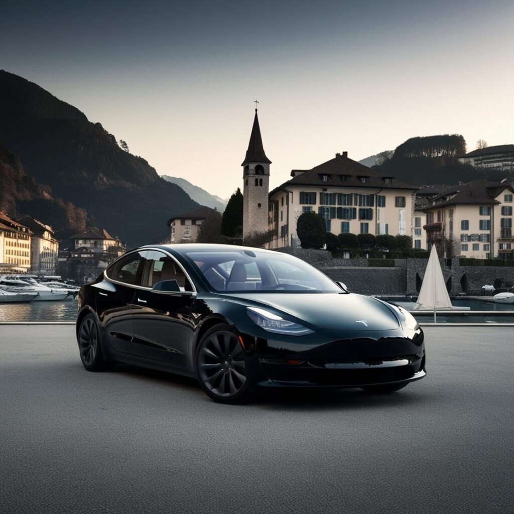black tesla model 3 parked in a beautiful place of geneva 3 black tesla model 3 parked in a beautiful place of geneva 3